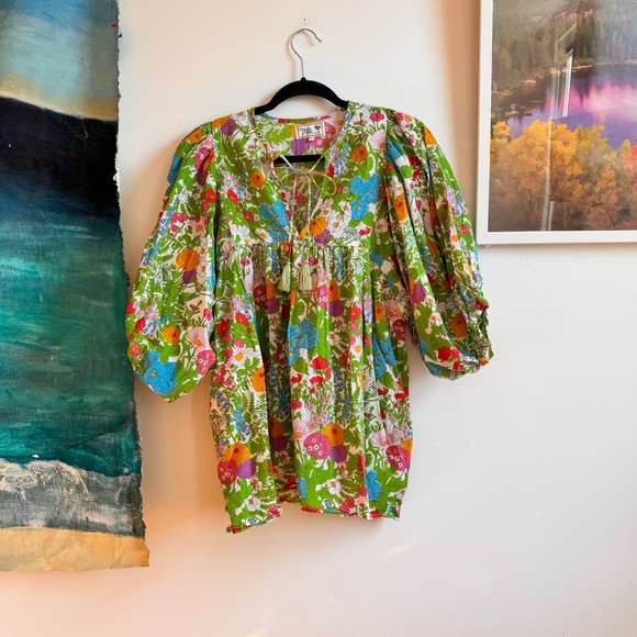 Mille Daisy Blouse Summer Garden Green Pink Floral Large - Picture 2 of 6